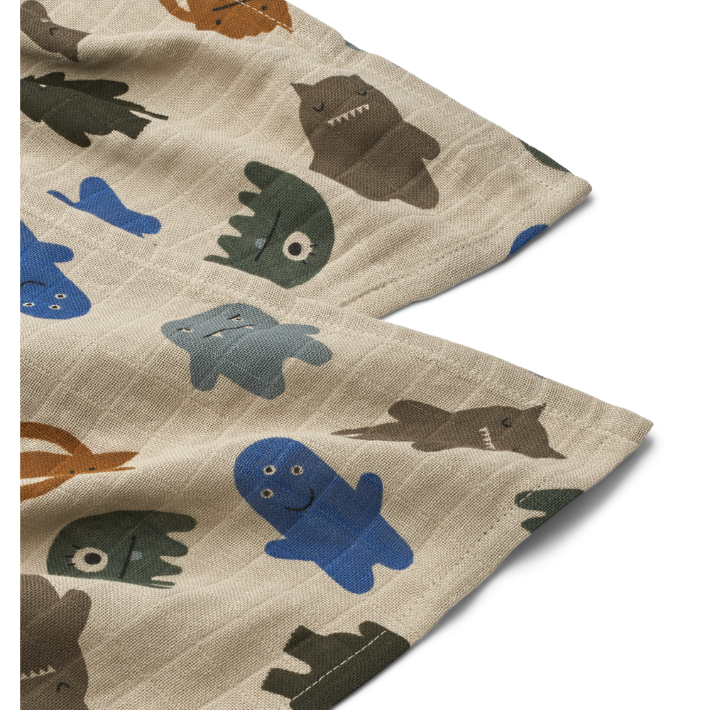 LIEWOOD hydrofiele doeken Lewis - 2 pack - Monsters blue mix