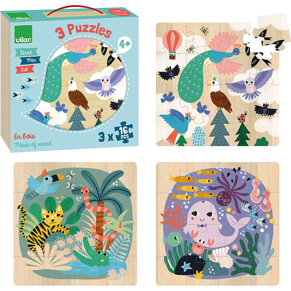 Houten puzzel dieren (3x16st) - Dieren van de wereld