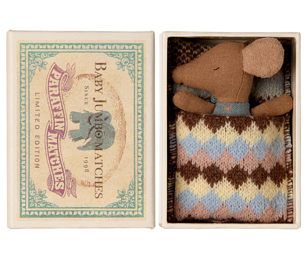 Maileg baby muis slaap/wakker in luciferdoosje - blauw